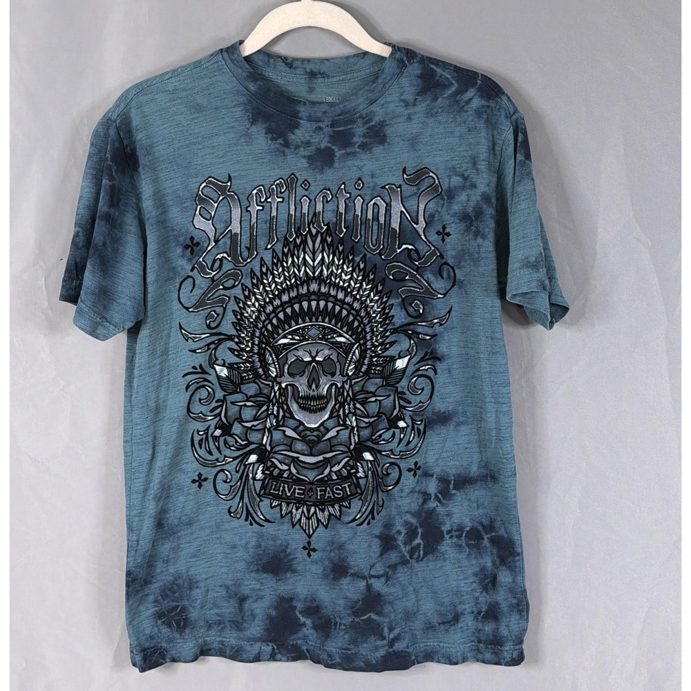 Affliction T-Shirt Mens Small Blue Skull Live Fast Biker Graphic Grunge Tie-Dye